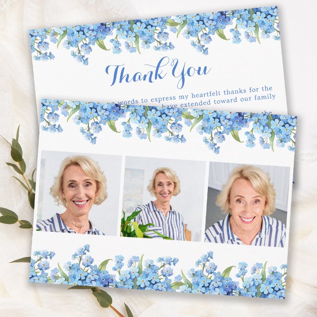 Forget Me Not 3 Photo Modern Memorial Funeral Thank You Card (Creator Uploaded)