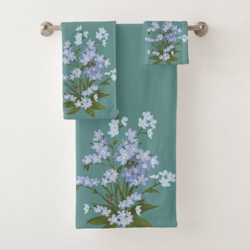 Forget_me_not and Foliage on Teal Background Bath Towel Set