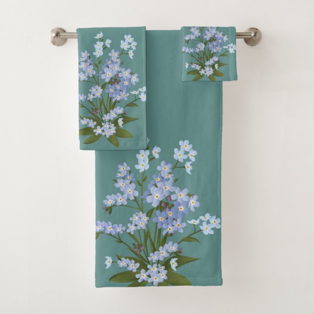 Forget-me-not and Foliage on Teal Background Bath Towel Set (Insitu)