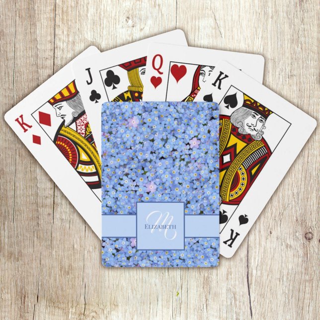 Forget Me Not Blue Floral Name + Monogram Template Poker Cards (Personalize this cute Forget Me Not blue floral design with the name and monogram template. )