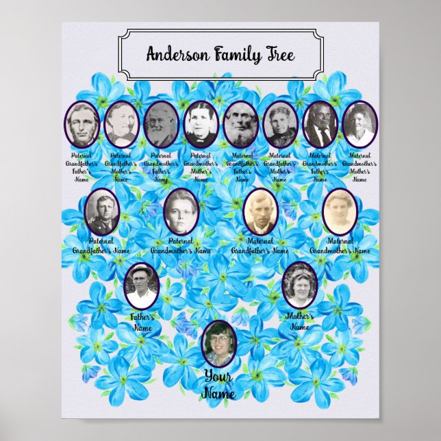 Forget-Me-Not Blue Floral Oval Ancestor Photos Poster (Front)