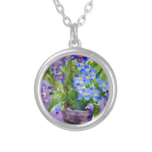 Forget me not Blue Floral Watercolor Compact Mirro Silver Plated Necklace