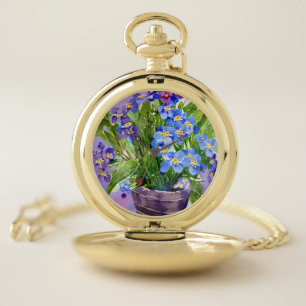 Forget me not Blue Floral Watercolor Pocket Watch
