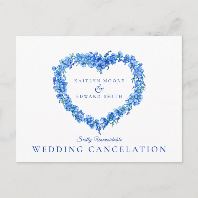 Forget-me-not blue heart wreath wedding canceled announcement postcard (Front)