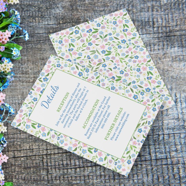 Forget Me Not Blue & Pink Wedding Details Enclosure Card (Blue and Pink Forget-Me-Nots Wedding Details Enclosure Card)