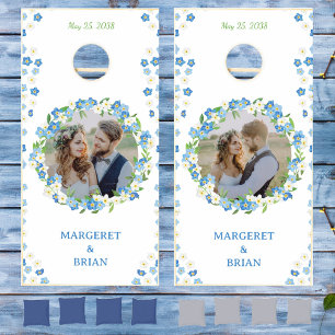 Forget Me Not Blue & White Floral 2 Photo Wedding Cornhole Set