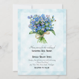 Forget me not bouquet on blue background wedding invitation