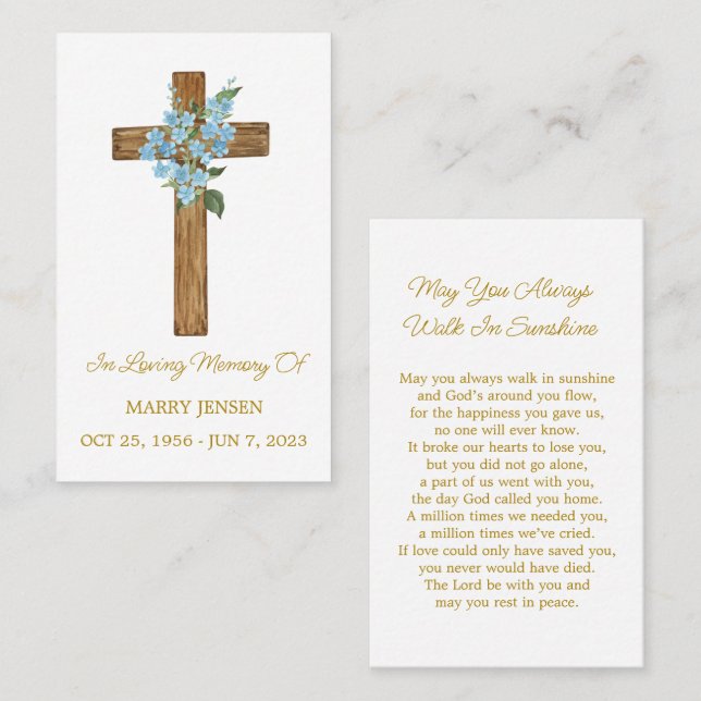Forget me not Cross Memorial Funeral Prayer Card (Front/Back)