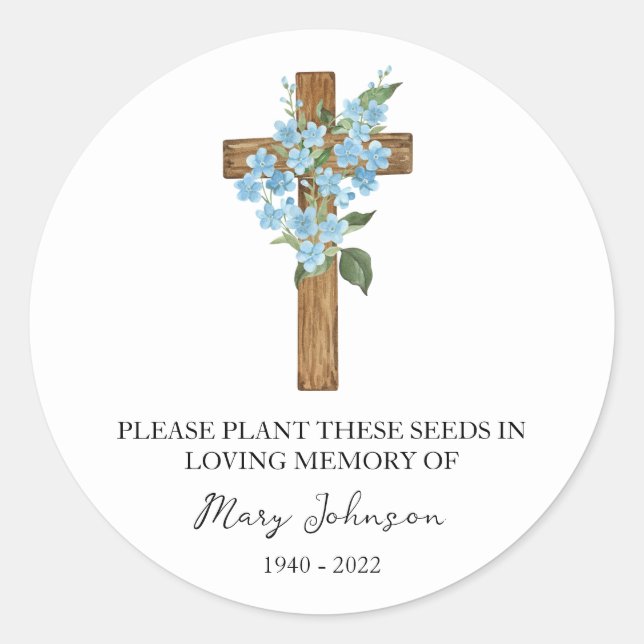 Forget me not Cross Memorial Funeral Seed Packet Classic Round Sticker (Front)