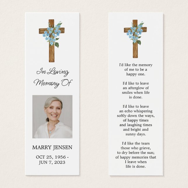 Forget me not Cross Photo Funeral Bookmark (Front & Back)