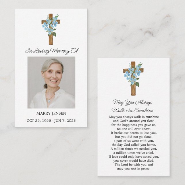 Forget me not Cross Photo Funeral Prayer Card (Front/Back)
