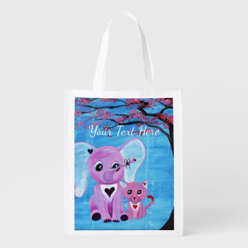 Forget Me Not Cute Elephant Cat Cherry Blossom Art Grocery Bag