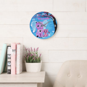 Forget Me Not Cute Elephant Cat Cherry Blossom Art Large Clock