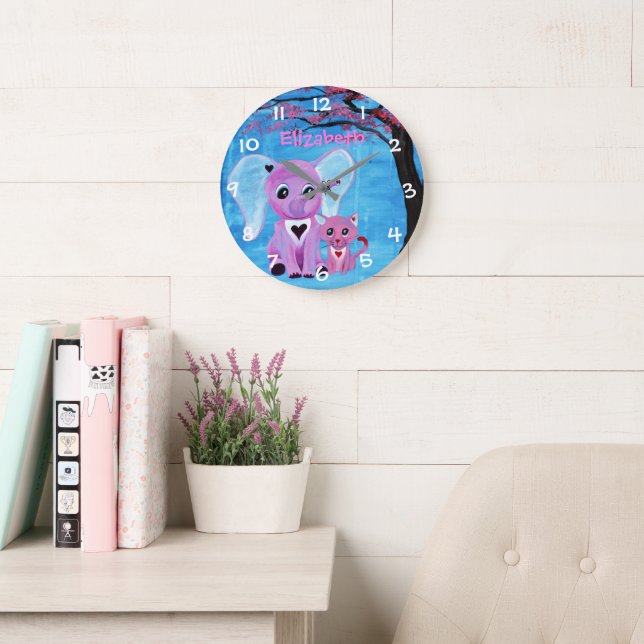 Forget Me Not Cute Elephant Cat Cherry Blossom Art Large Clock (Reading Room)