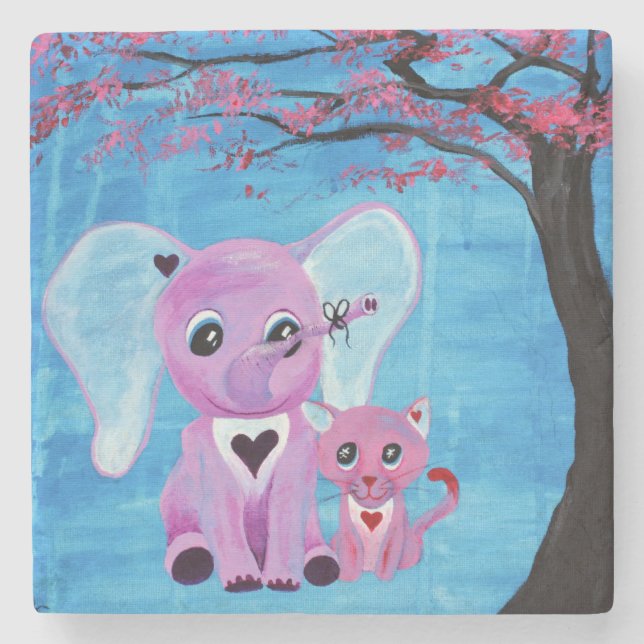 Forget Me Not Cute Elephant Cat Cherry Blossom Art Stone Coaster (Front)