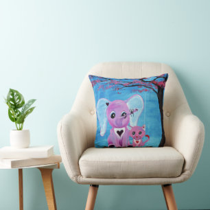 Forget Me Not Cute Elephant Cat Cherry Blossom Art Throw Pillow