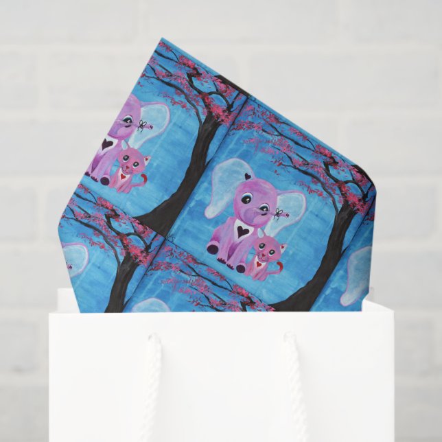 Forget Me Not Cute Elephant Cat Cherry Blossom Art Tissue Paper (Gift Bag)