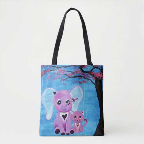 Forget Me Not Cute Elephant Cat Cherry Blossom Art Tote Bag