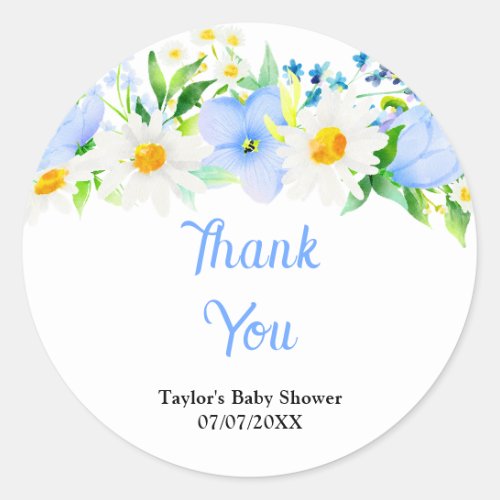 Forget_Me_Not Daisies Floral Baby Shower Thank You Classic Round Sticker
