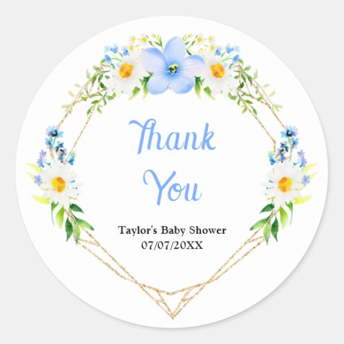 Forget_Me_Not Daisies Floral Baby Shower Thank You Classic Round Sticker