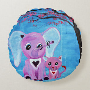 Forget Me Not Elephant Cat Cherry Blossom Cute Art Round Pillow