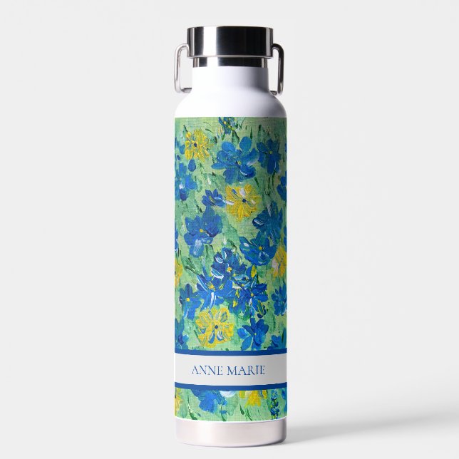 Forget-Me-Not Floral Custom Name Water Bottle (Front)