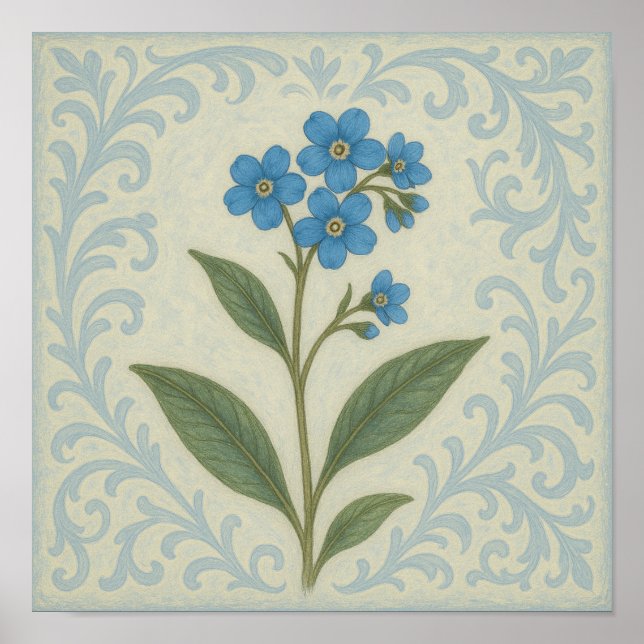 Forget-Me-Not Floral Scroll Square Poster (Front)