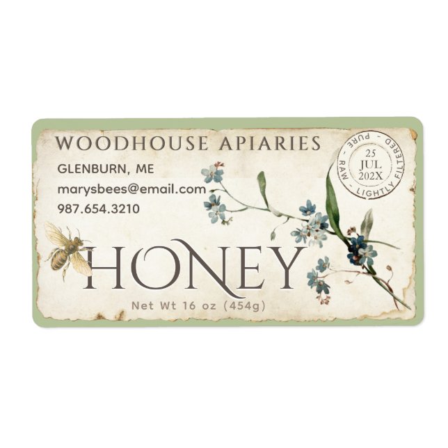 Forget-me-not flower parchment bee honey postmark label (Front)