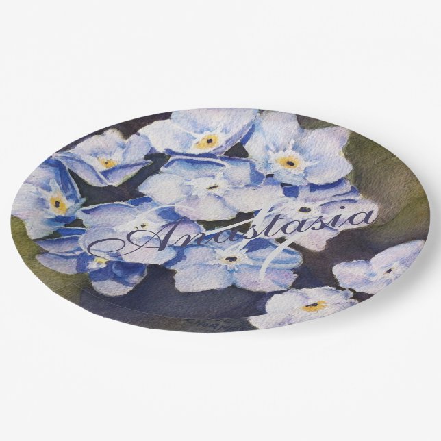 FORGET ME NOT FLOWER PARTY MONOGRAM PAPER PLATES (Angled)