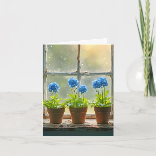 Forget-Me-Not Flower Pots In a Window Note Card (Front)