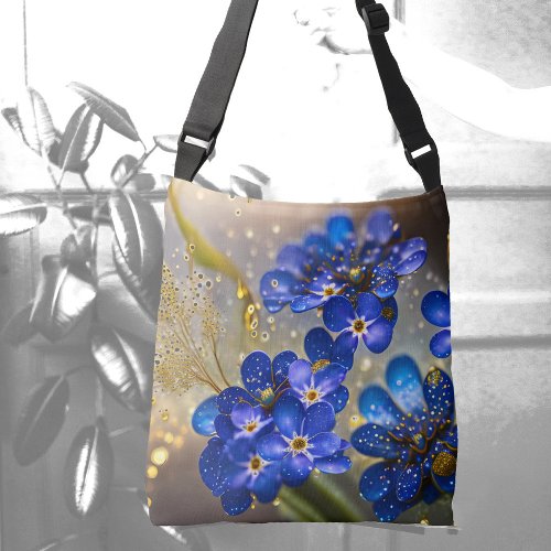 Forget_me_not flower with gold accents crossbody bag