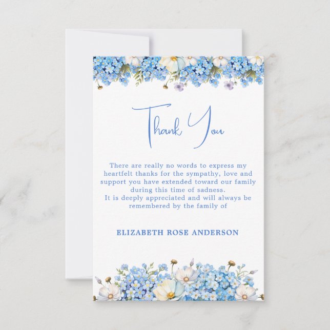 Forget Me Not Flowers Blue Modern Memorial Funeral Thank You Card (Front)