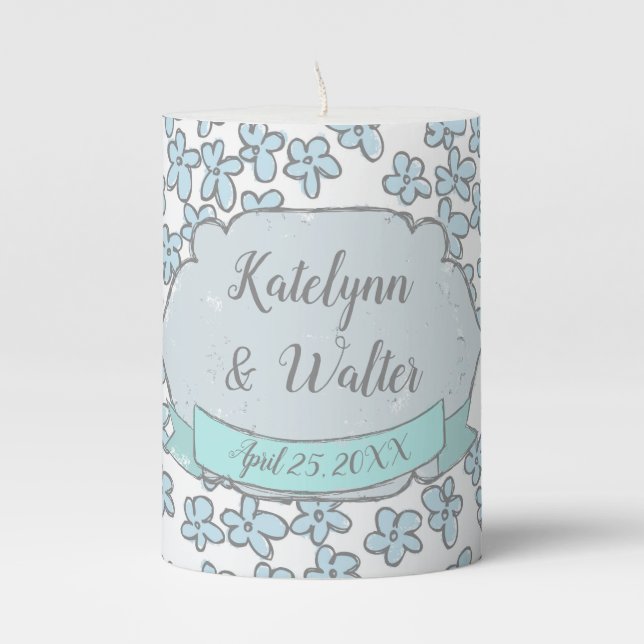 Forget-Me-Not Flowers Spring Wedding Pillar Candle (Front)