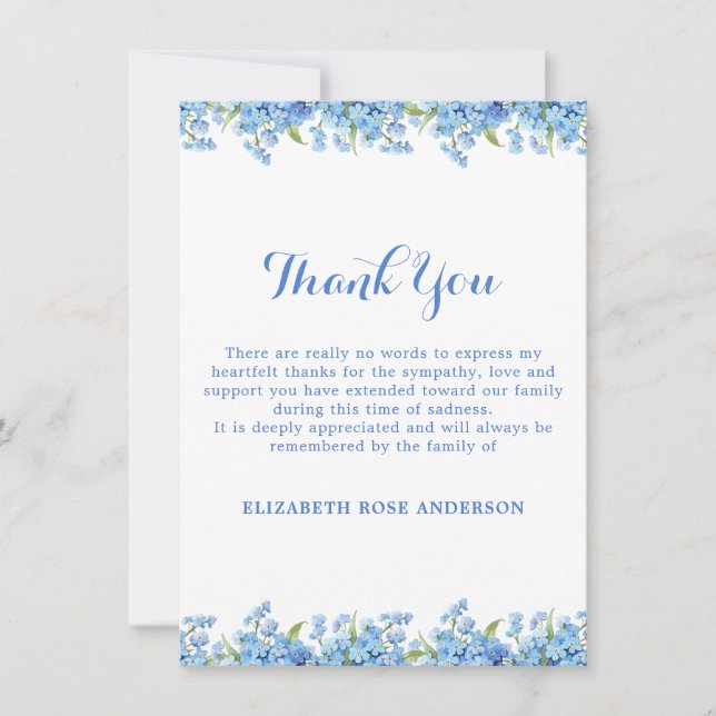 Forget Me Not Funeral Floral Blue Modern Memorial Thank You Card (Front)