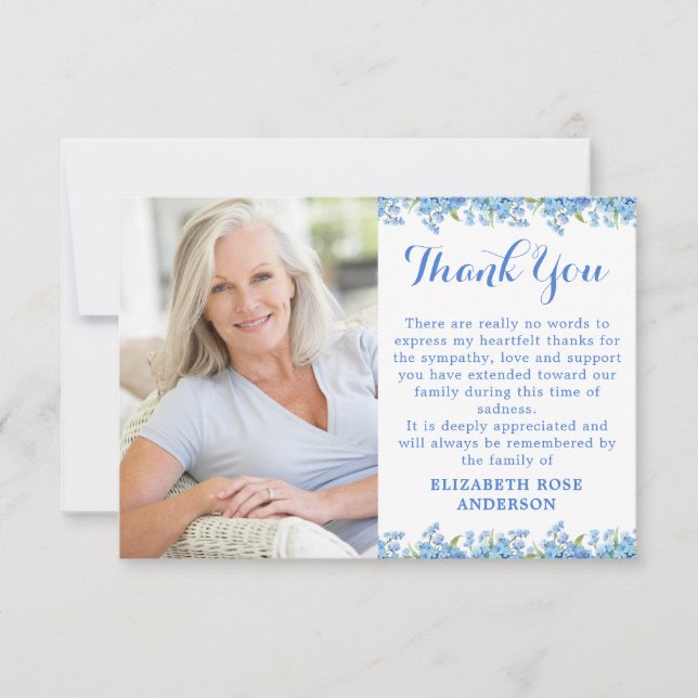 Forget Me Not Funeral Modern Photo Floral Memorial Thank You Card (Front)