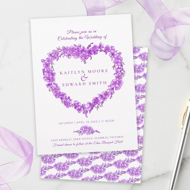 Forget-me-not heart art wedding purple white invitation (Creator Uploaded)