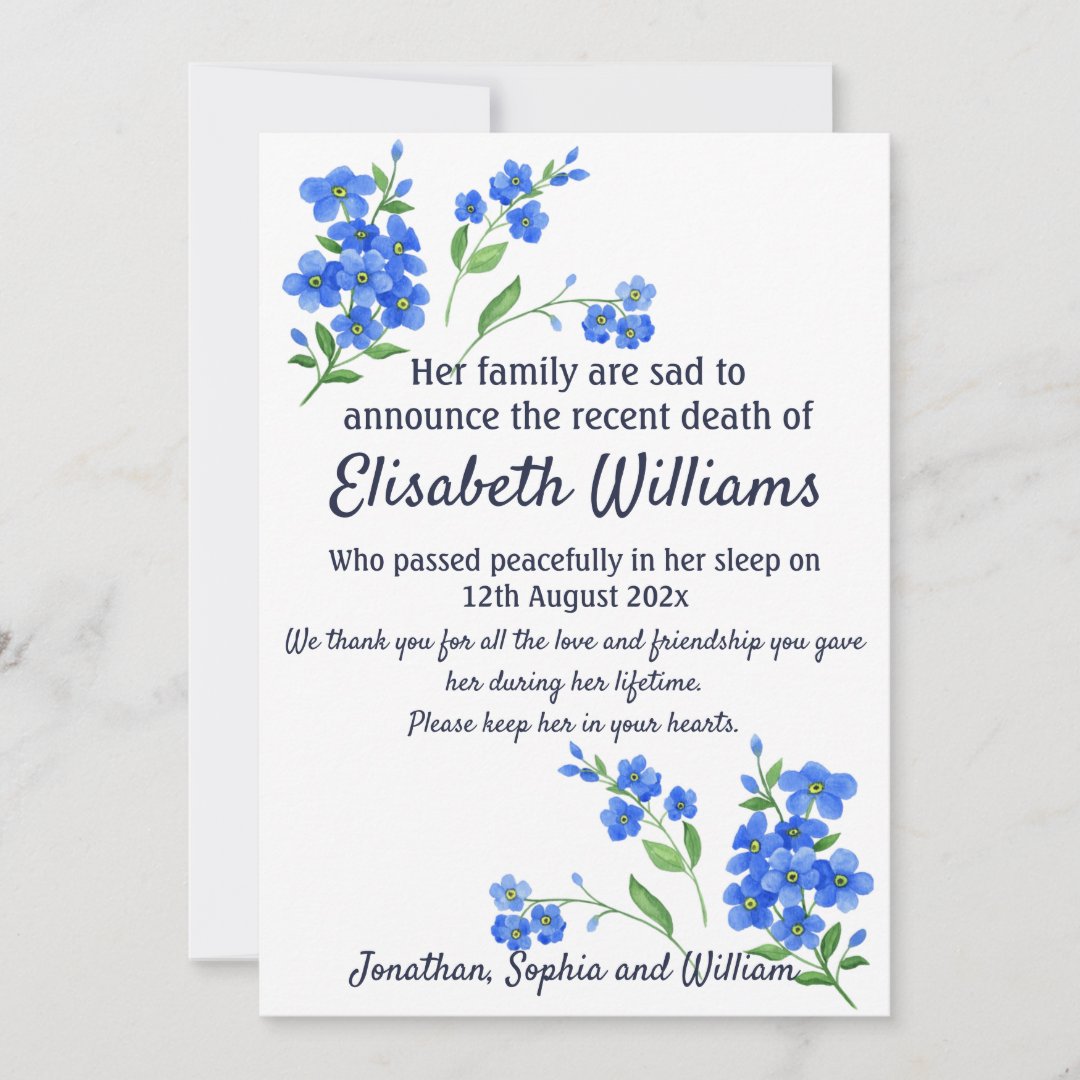 Forget Me Not Memorial Funeral Arrangement Card | Zazzle