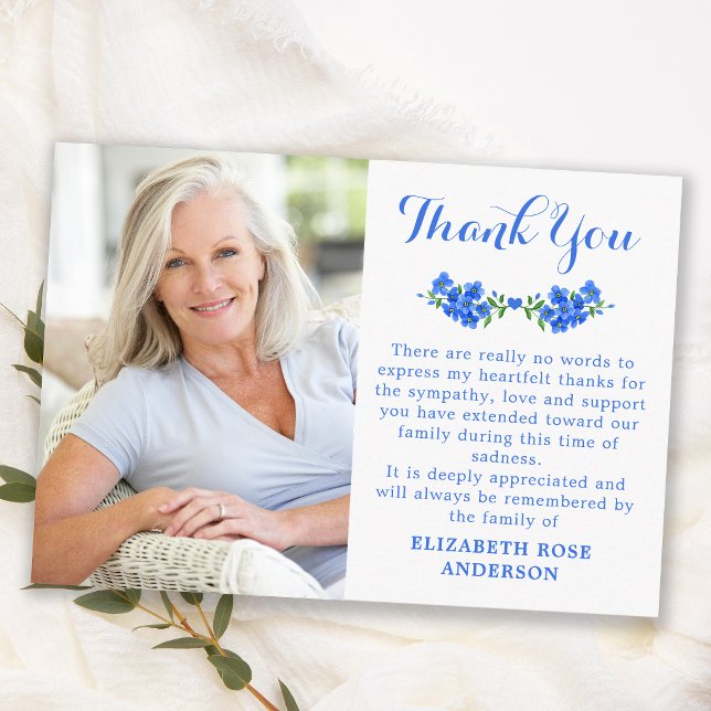 Forget Me Not Modern Photo Floral Memorial Funeral Thank You Card (Creator Uploaded)