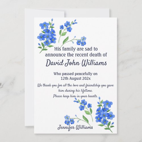 Forget Me Not Notice of Death Bereavement Card