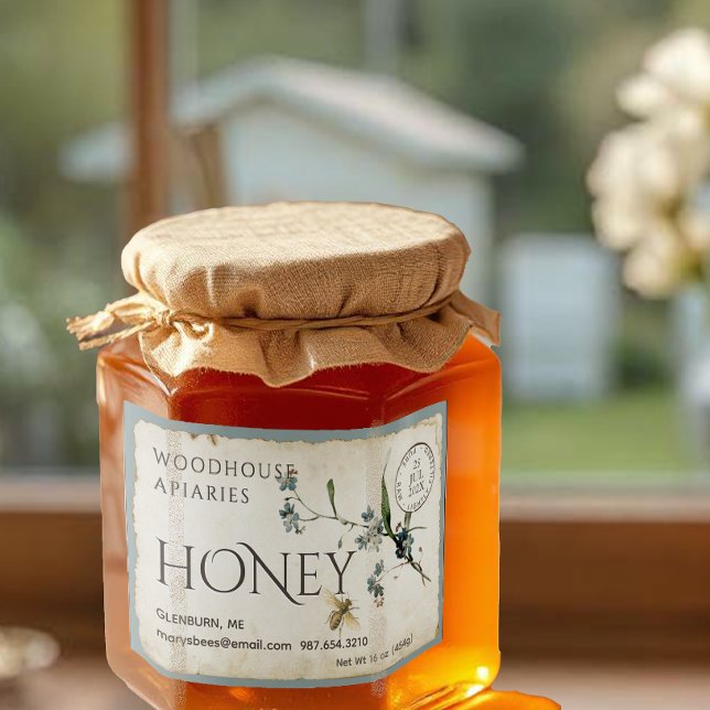 Forget-me-not parchment bee honey postmark 3x2" food label (Creator Uploaded)