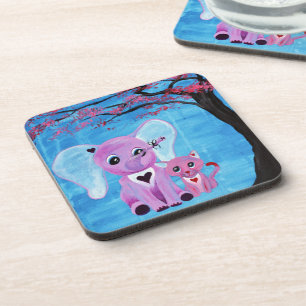 Forget Me Not Pink Elephant Cat Cherry Blossom Art Drink Coaster