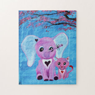Forget Me Not Pink Elephant Cat Cherry Blossom Art Jigsaw Puzzle