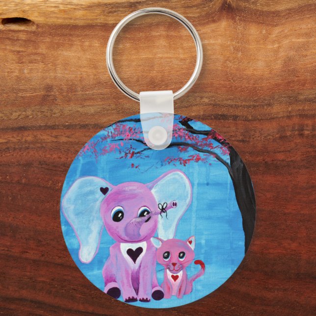 Forget Me Not Pink Elephant Cat Cherry Blossom Art Keychain (Front)