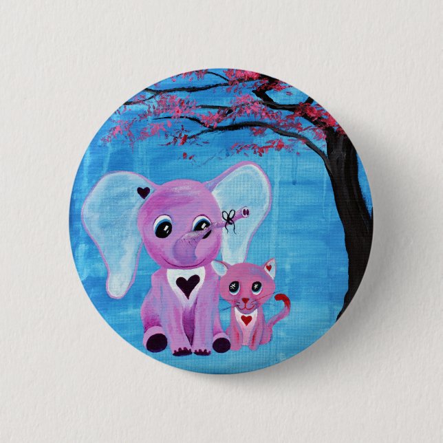 Forget Me Not Pink Elephant Cat Cherry Blossom Art Pinback Button (Front)
