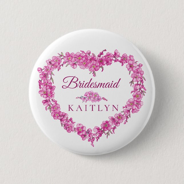 Forget-me-not pink flower heart bridesmaid wedding button (Front)