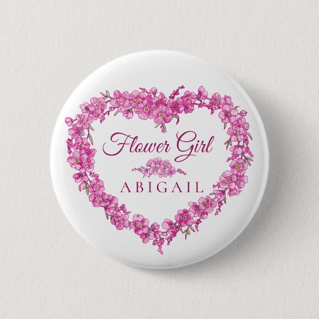Forget-me-not pink heart flower girl wedding button (Front)