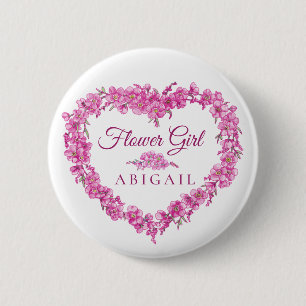 Forget-me-not pink heart flower girl wedding button