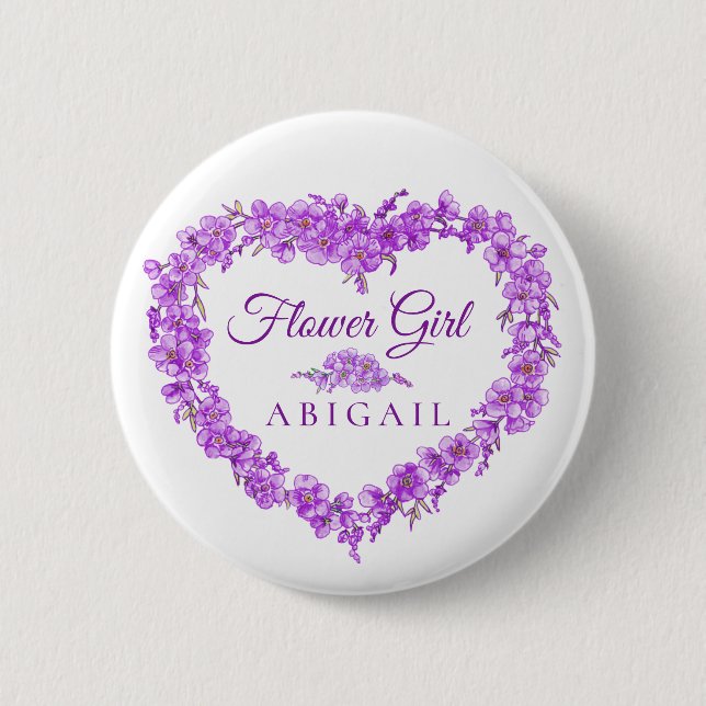 Forget-me-not purple heart flower girl wedding button (Front)