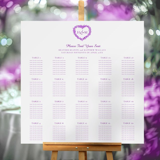 Forget me not purple wedding 20 tables chart foam board (Creator Uploaded)