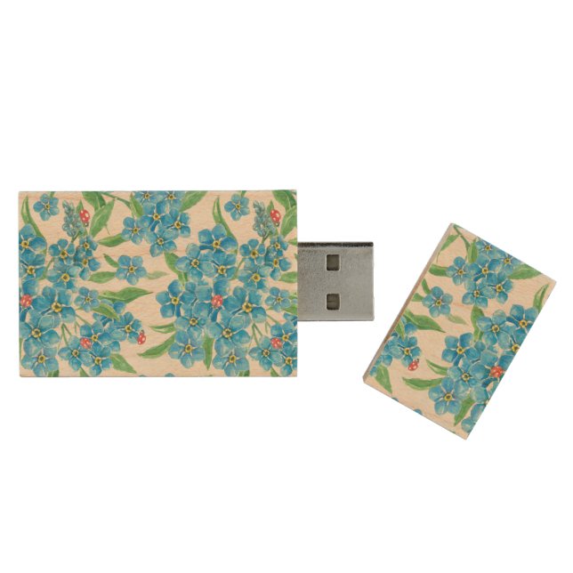 Forget me not seamless pattern wood USB flash drive (Opened)